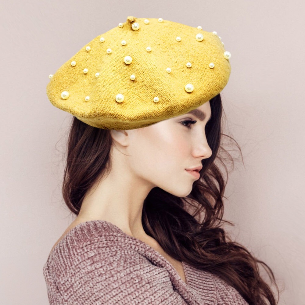 Yellow Wool French Beret With Pearls Accents